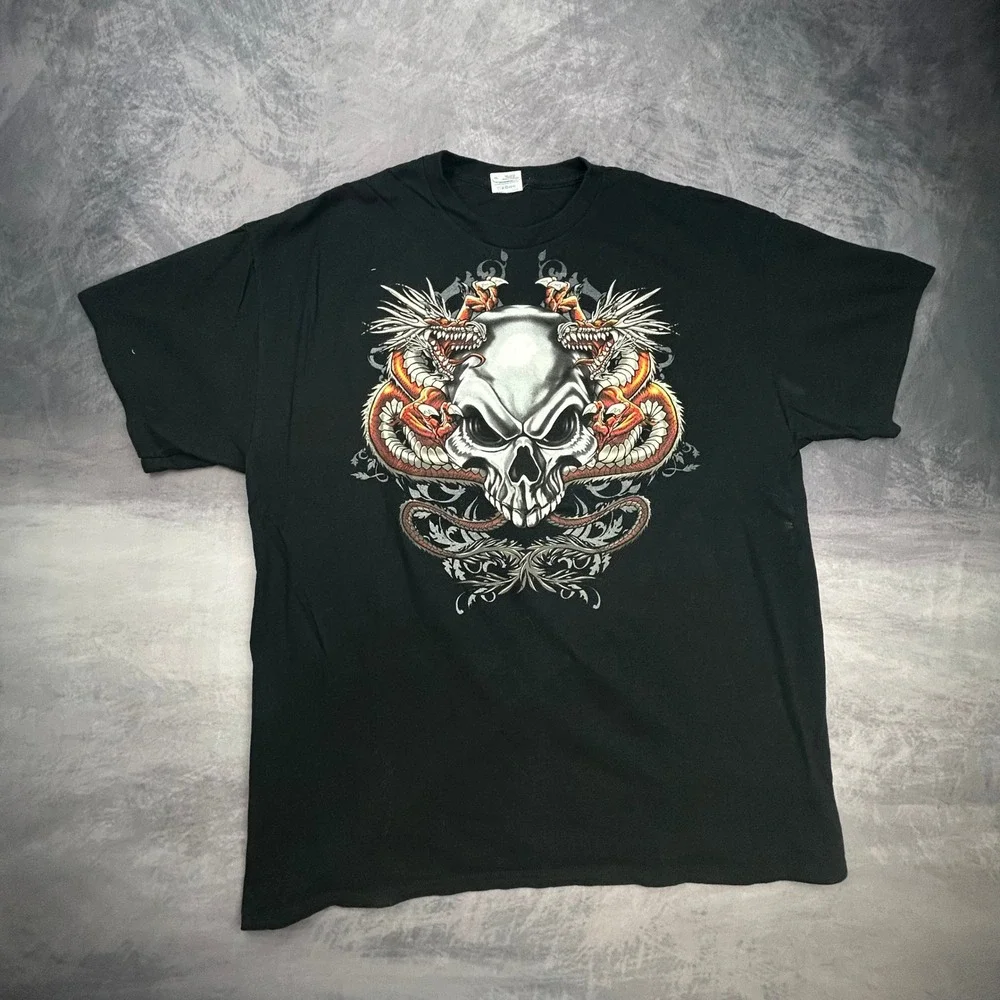 Gildan Skull and Dragon Graphic T-Shirt Black XL Y2K Skater Streetwear Tee